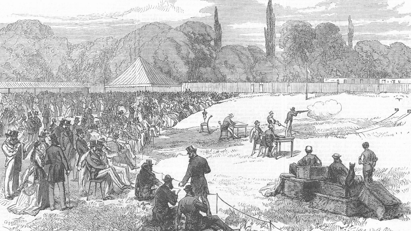 19th-century wood engraving of pigeon shooting before a crowd at the Hurlingham Club