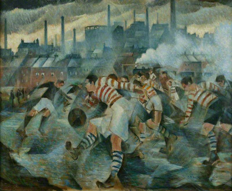 Painting of a rugby match played in driving rain before factory chimneys and terraced houses